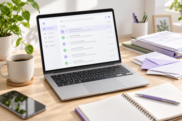 Laptop e-mailes felülettel és dokumentumokkal egy irodai asztalon
