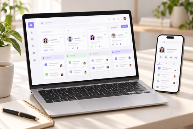 Ügyfélkezelés laptopon és mobilon egy világos irodai környezetben